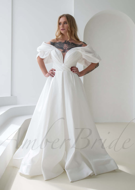 Exquisite A Line Satin Wedding Dress with Off Shoulder Deep V Design