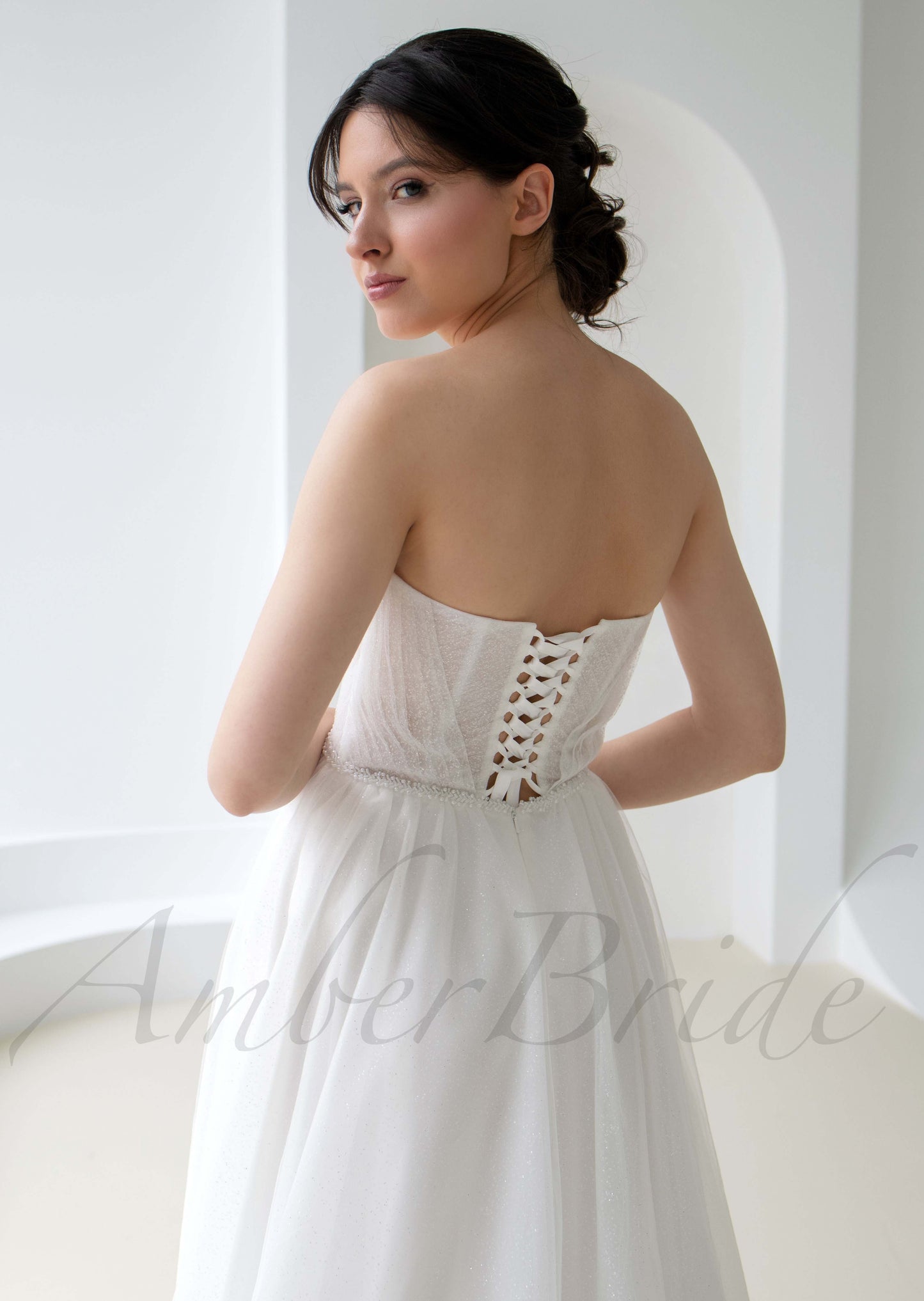 A Line Glitter Tulle Wedding Dress with Deep V Neckline and Detachable Sleeves