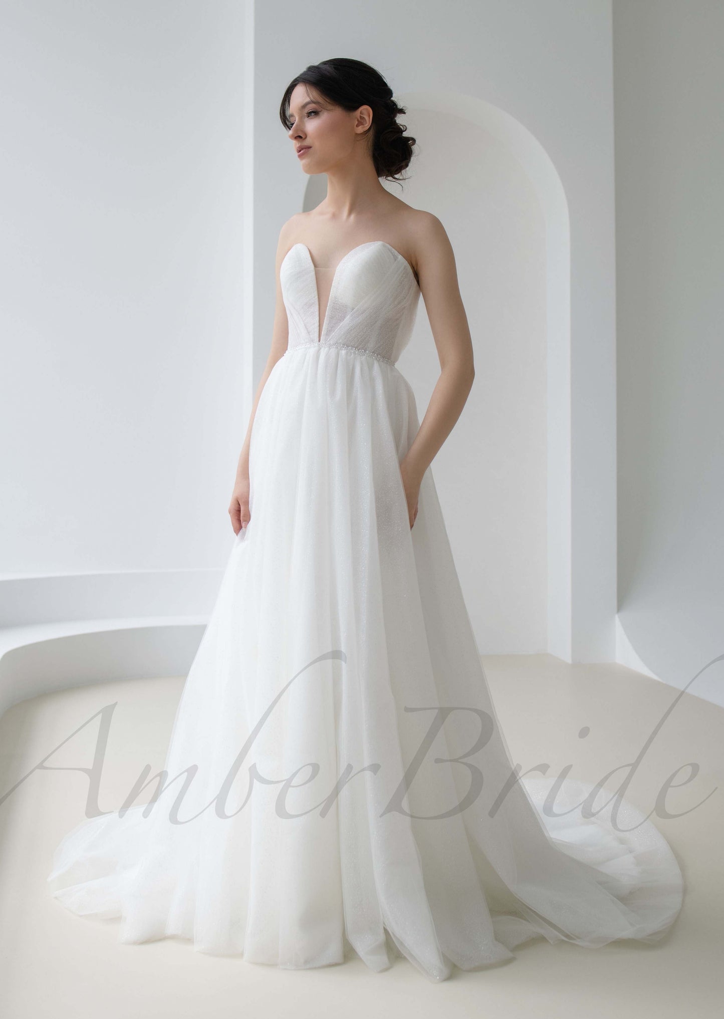 A Line Glitter Tulle Wedding Dress with Deep V Neckline and Detachable Sleeves