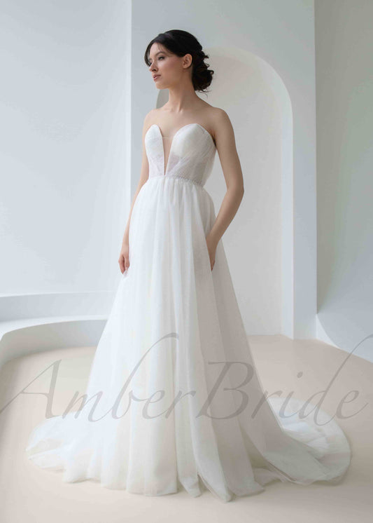 A Line Glitter Tulle Wedding Dress with Deep V Neckline and Detachable Sleeves