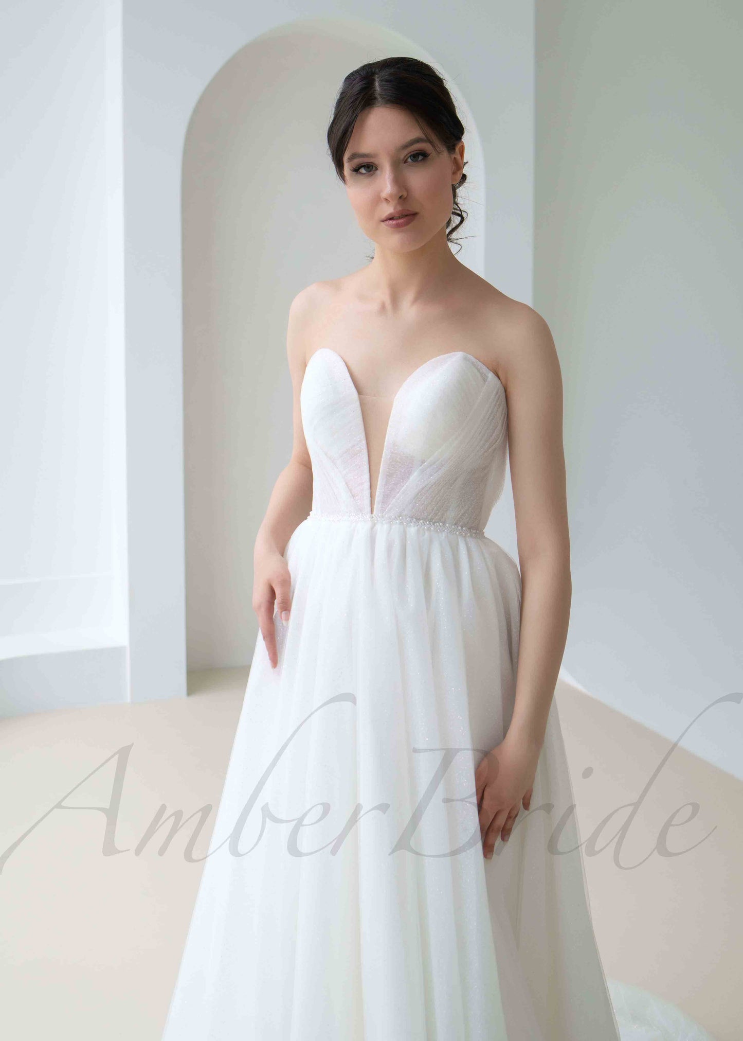 A Line Glitter Tulle Wedding Dress with Deep V Neckline and Detachable Sleeves