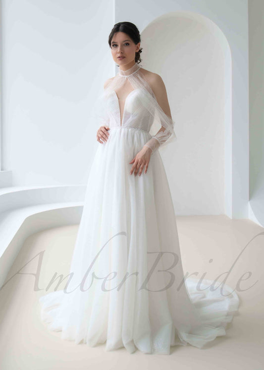 A Line Glitter Tulle Wedding Dress with Deep V Neckline and Detachable Sleeves