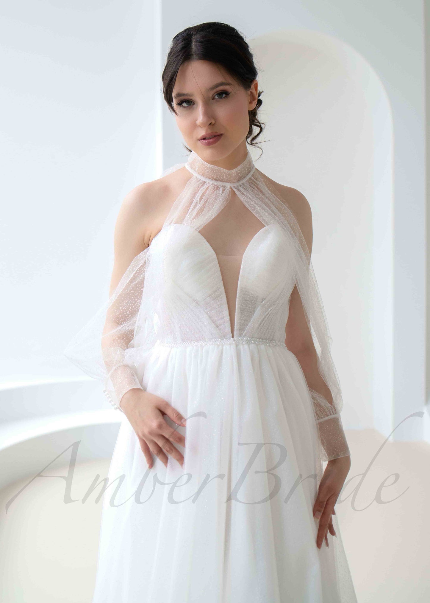 A Line Glitter Tulle Wedding Dress with Deep V Neckline and Detachable Sleeves