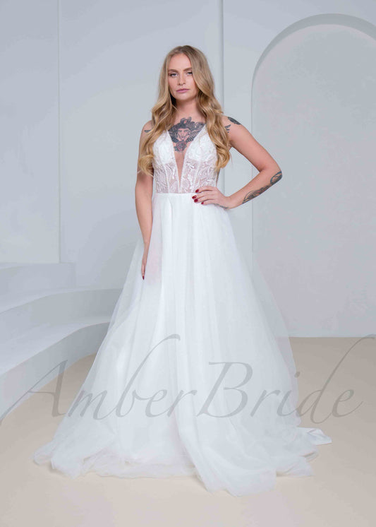 STOCK SELL-OUT: Rustic A Line Wedding Dress with Flower Appliques and Deep V Neck