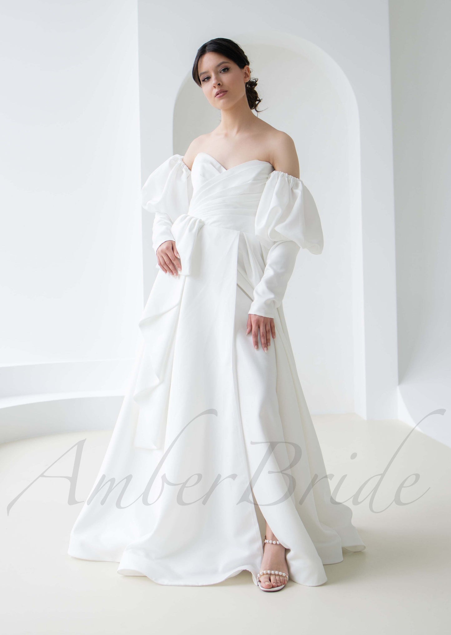 STOCK SELL-OUT: Strapless A Line Satin Wedding Dress with Bishop Sleeves