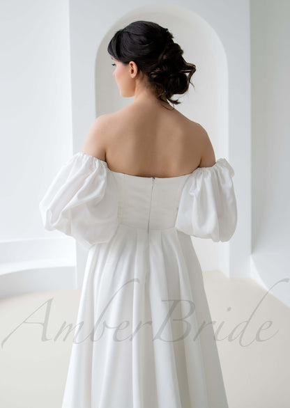 STOCK SELL-OUT: Strapless A Line Satin Wedding Dress with Bishop Sleeves
