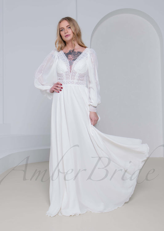 Boho A Line Lace Wedding Dress with Flowy Chiffon Skirt