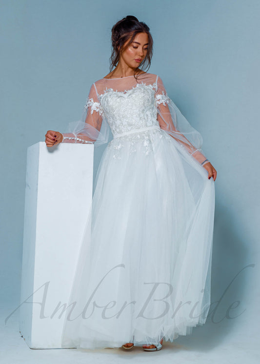 Rustic A-Line Tulle Wedding Dress with Bishop Sleeves, Illusion Back and Flower Appliques