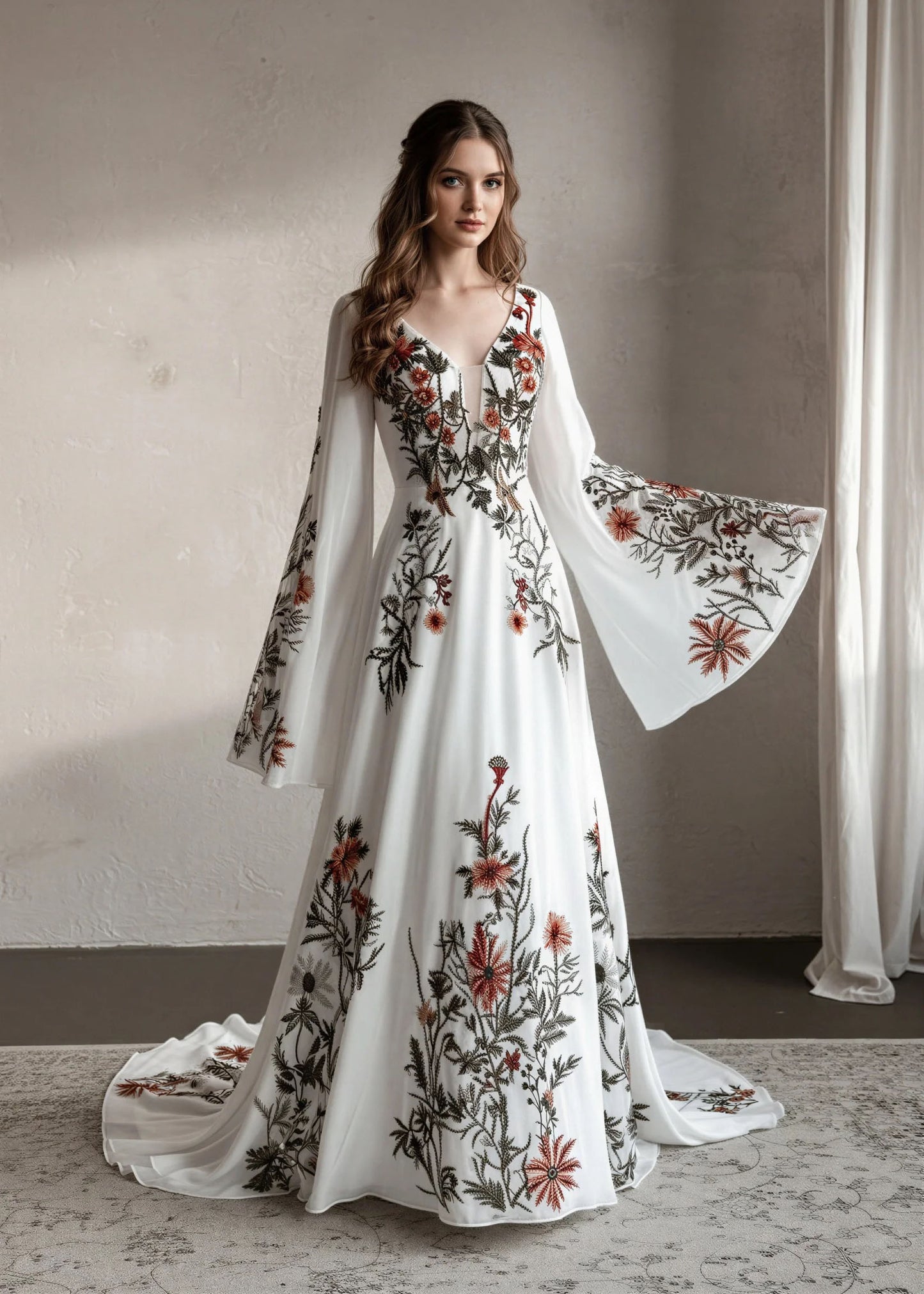 Rustic Embroidered Floral Wedding Dress with Cape Sleeves
