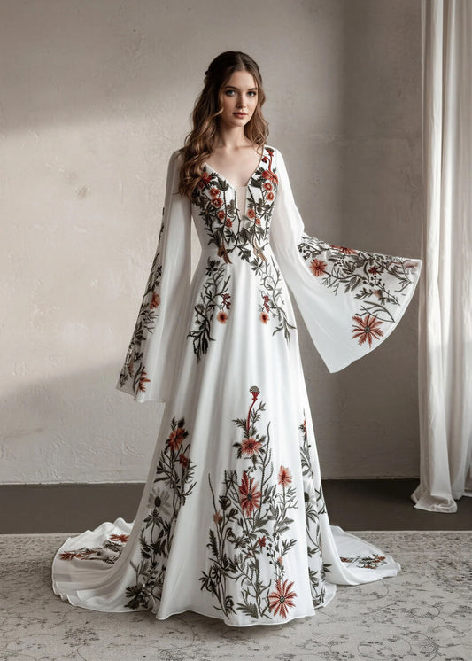 Rustic Embroidered Floral Wedding Dress with Cape Sleeves