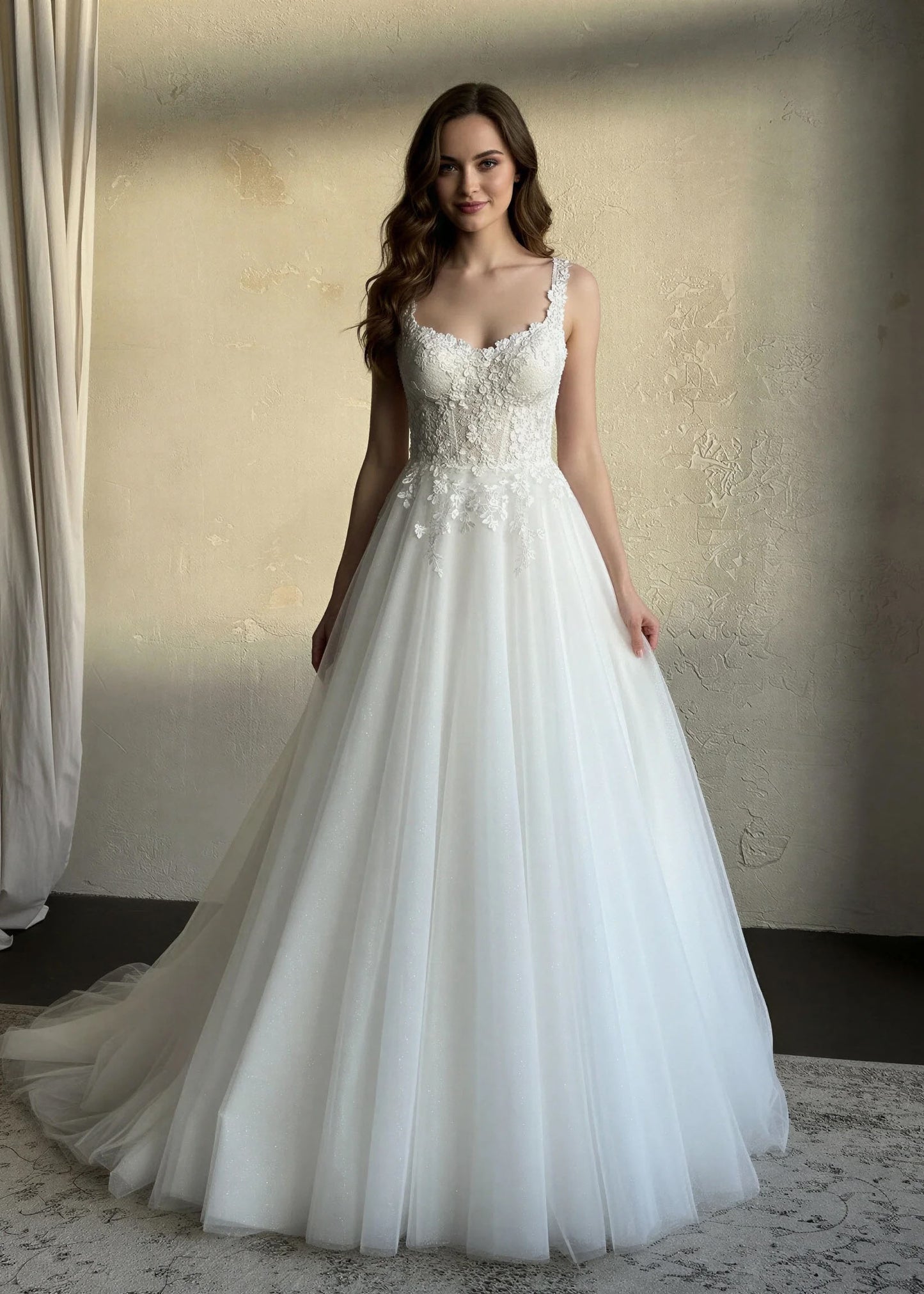 Rustic Wedding Dress with Floral Appliques with Glittering Tulle Skirt