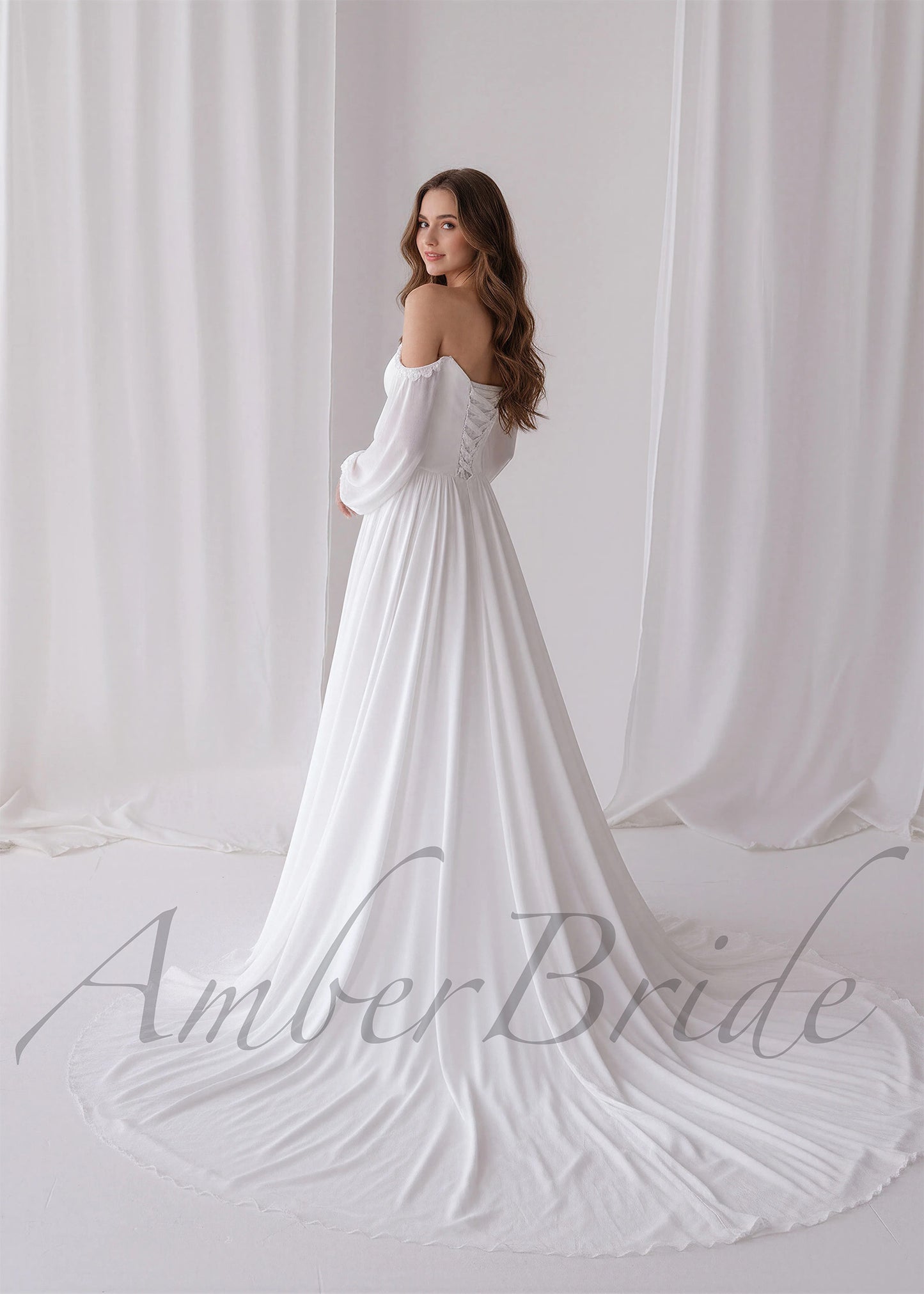 Elegant A Line Wedding Dress with Folder Chiffon Bodice and Flowy Long Train