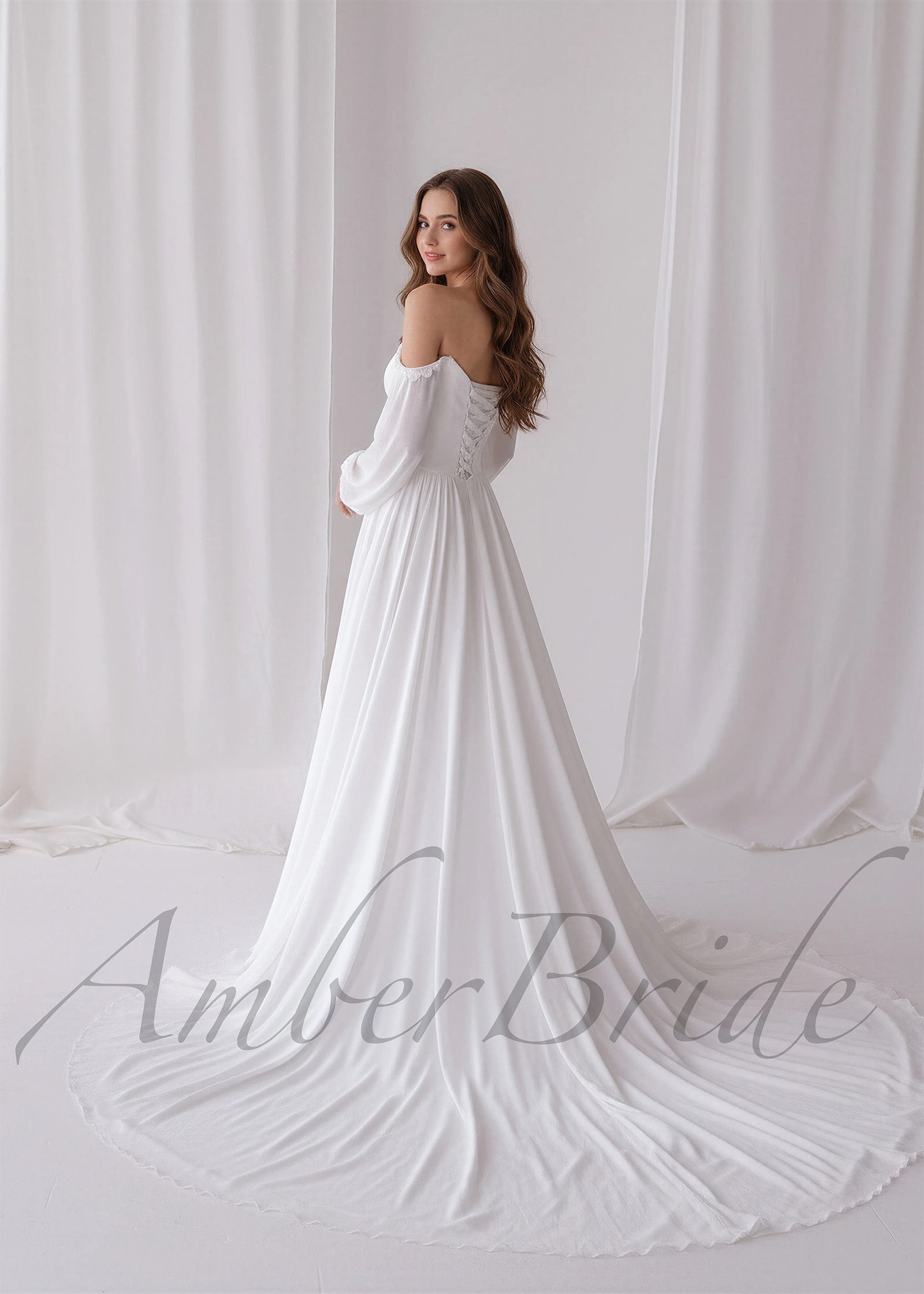chiffon long train dress Stacees Bridal Wedding Dress A-line V Neck Chiffon Court Train Lace Split