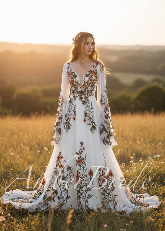 Rustic Embroidered Floral Wedding Dress with Cape Sleeves