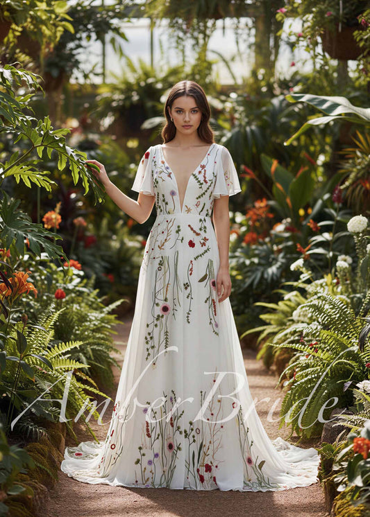 Floral A Line Wedding Dress with Flutter Sleeve and Open Back