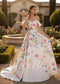 A-line satin wedding dress with colorful floral print, sweetheart neckline, and detachable off-shoulder sleeves.