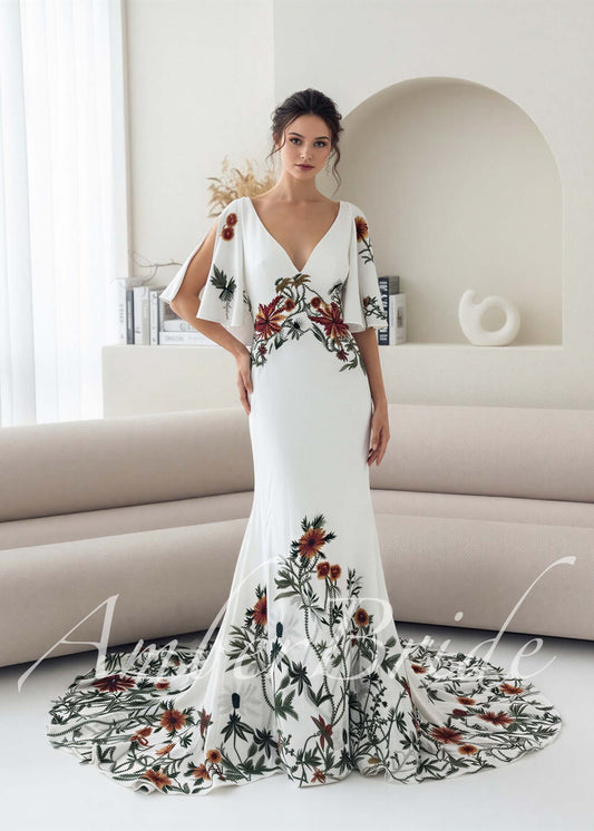 Bohemian Crepe Mermaid Wedding Dress with Earthy Floral Embroidery and Detachable Flutter Sleeves