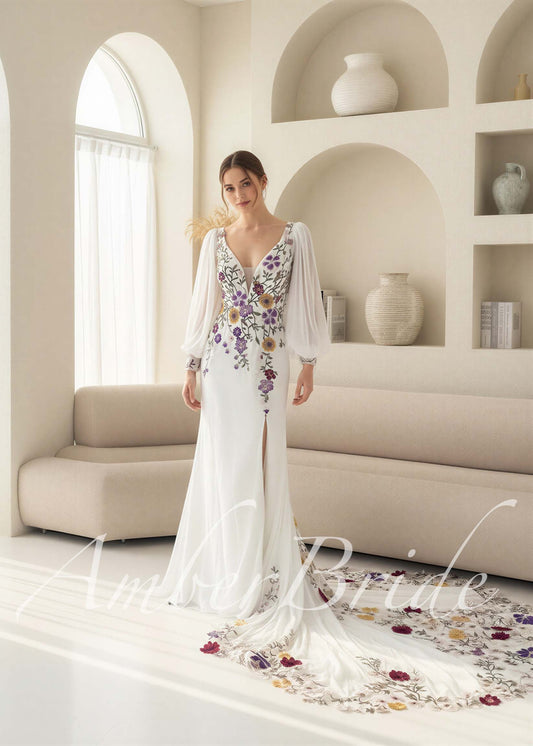 Modern Mermaid Wedding Dress with Multicolored Floral Embroidery and Long Puff Sleeves