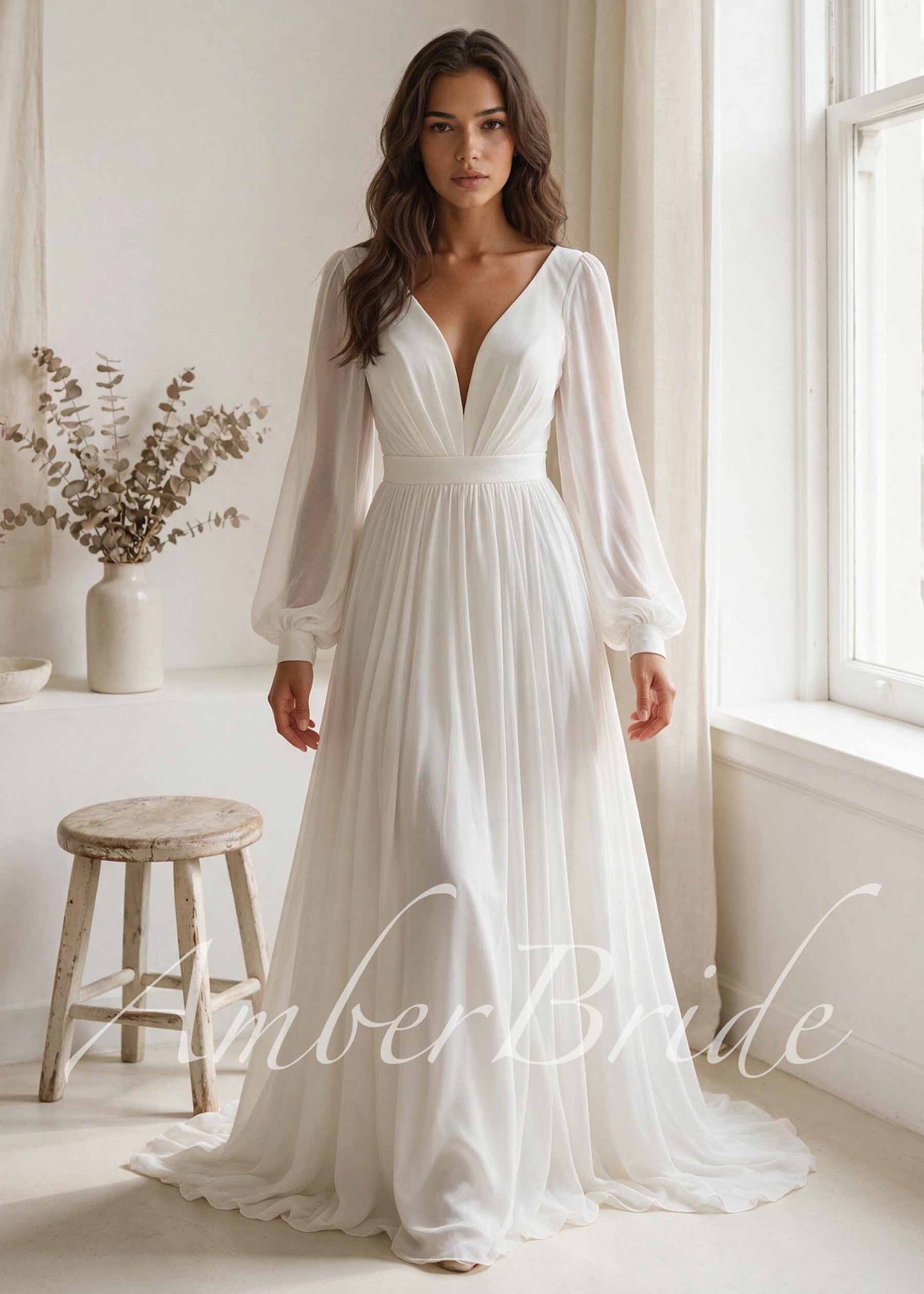 Elegant Flowy Chiffon Wedding Dress with Puffy Sleeves