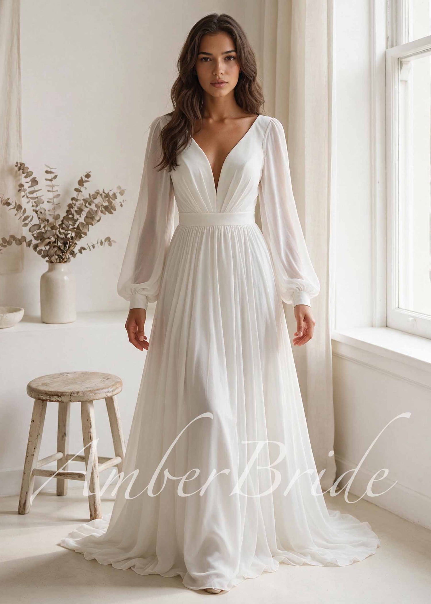 Elegant Flowy Chiffon Wedding Dress with Puffy Sleeves