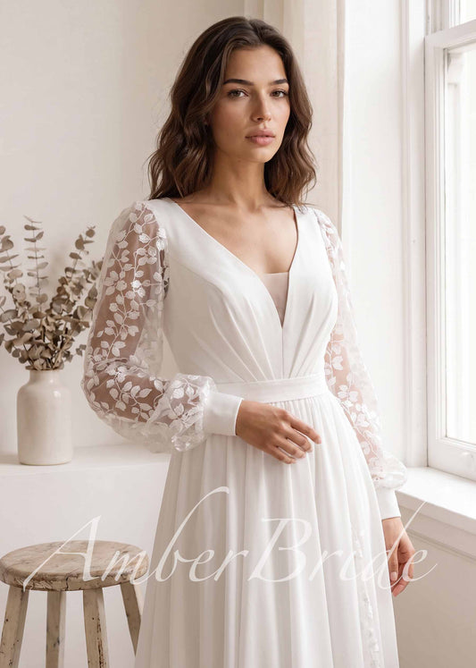 Minimalist Chiffon A-Line Wedding Dress with Lace Slit and Bishop Sleeves