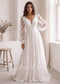 Minimalist Chiffon A-Line Wedding Dress with Lace Slit and Bishop Sleeves