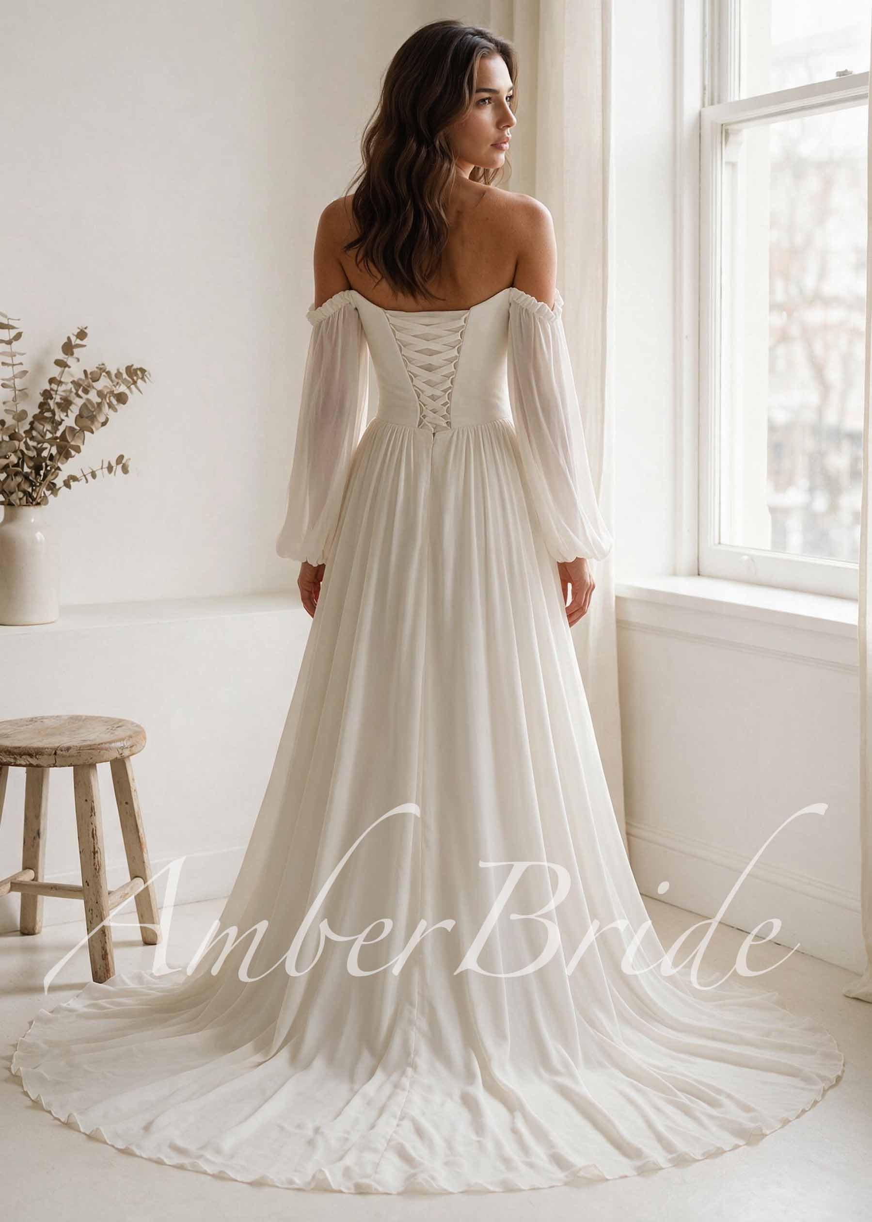 Elegant A Line Wedding Dress with Chiffon Bodice & Long Train