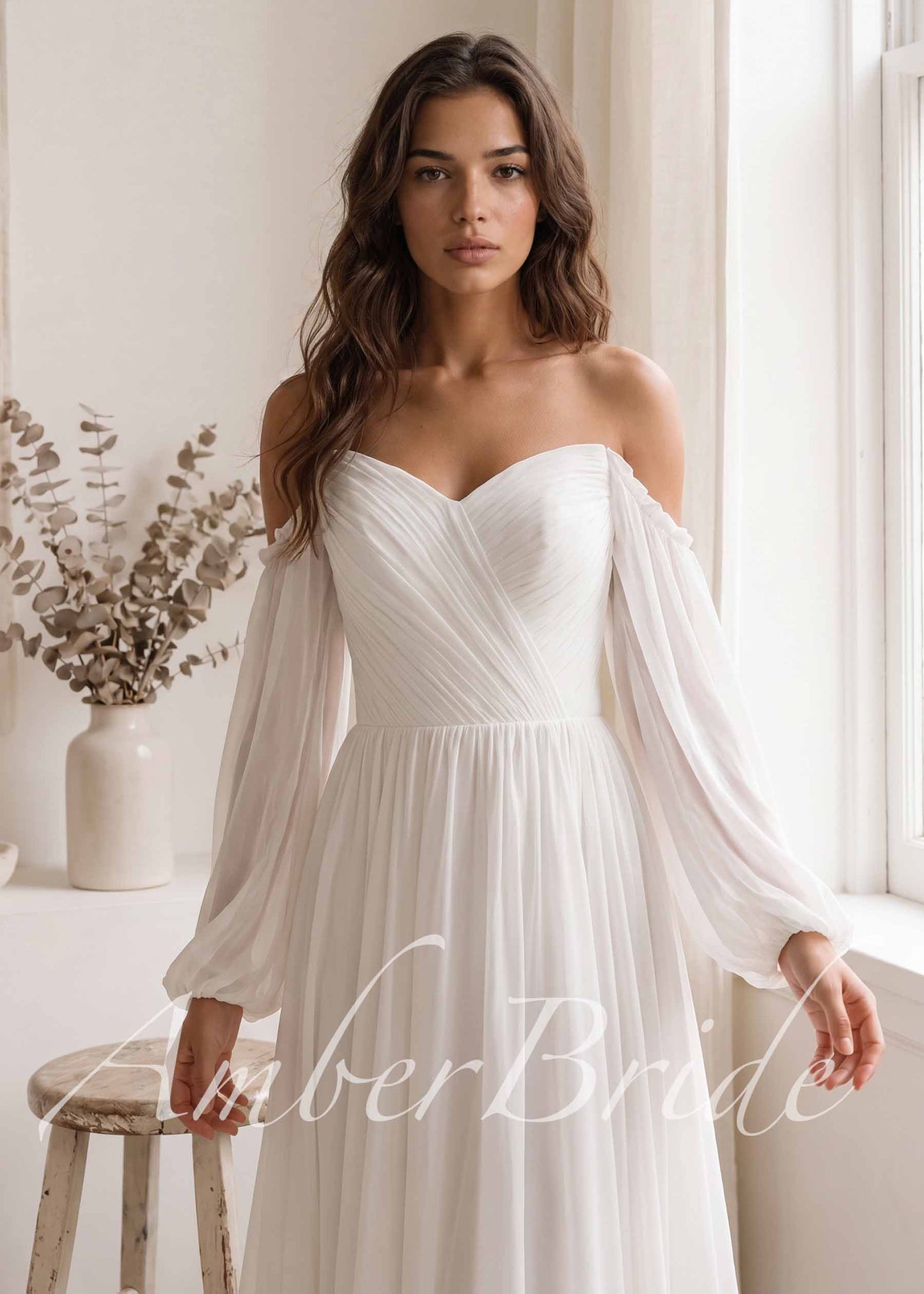 Elegant A Line Wedding Dress with Folder Chiffon Bodice and Flowy Long Train
