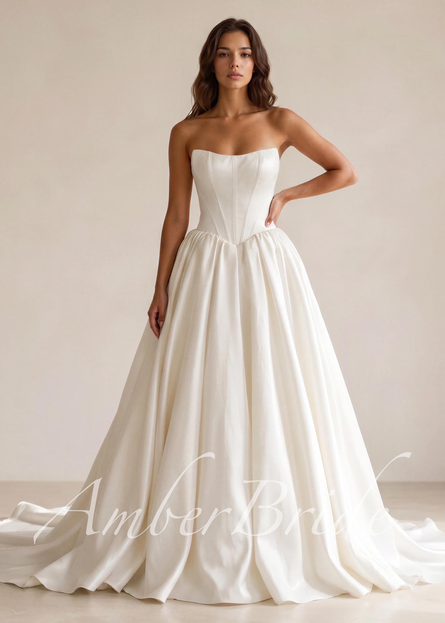 Corset back detail on a strapless satin ball gown wedding dress