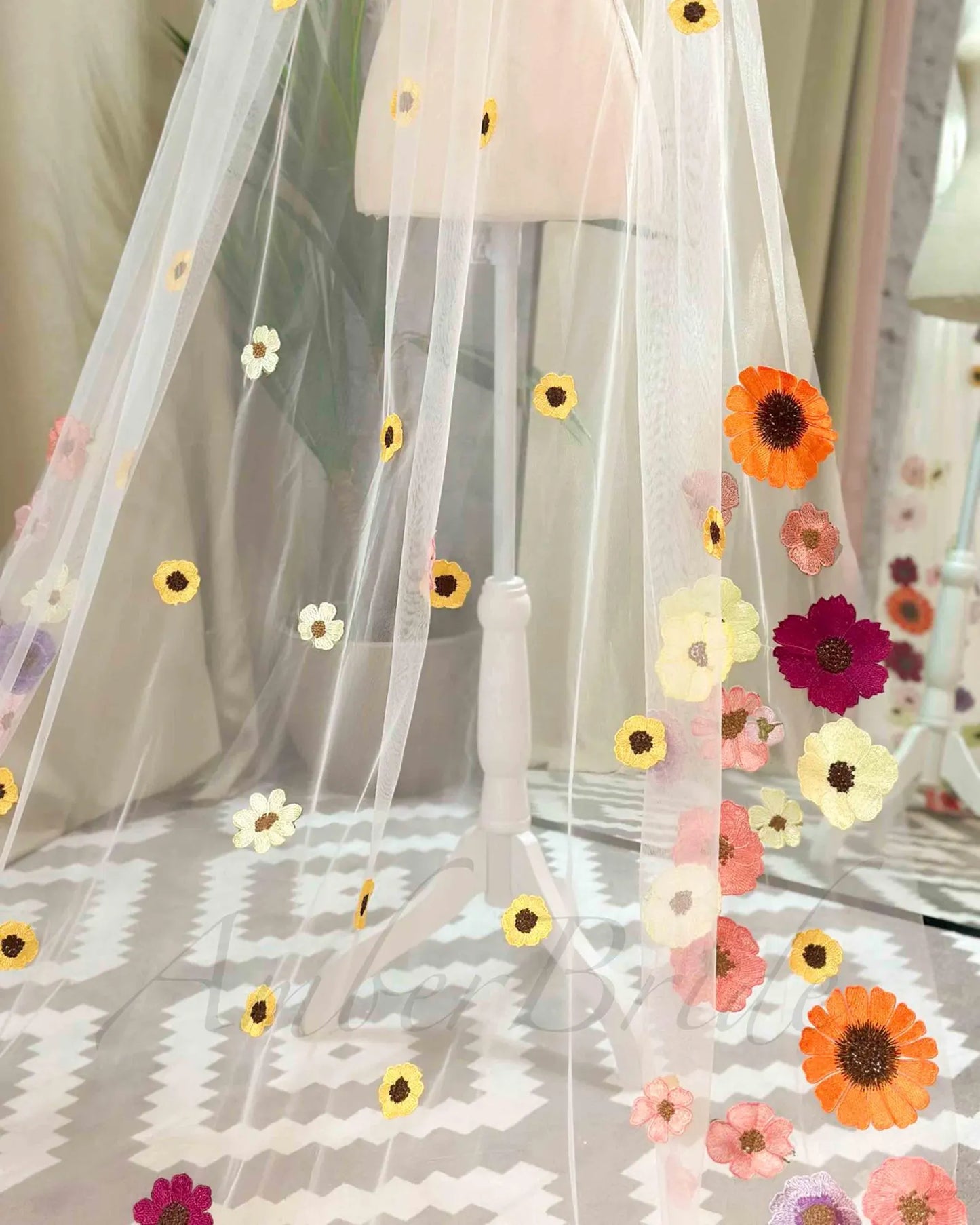 Tulle Bridal Veil with Colorful Floral Appliques
