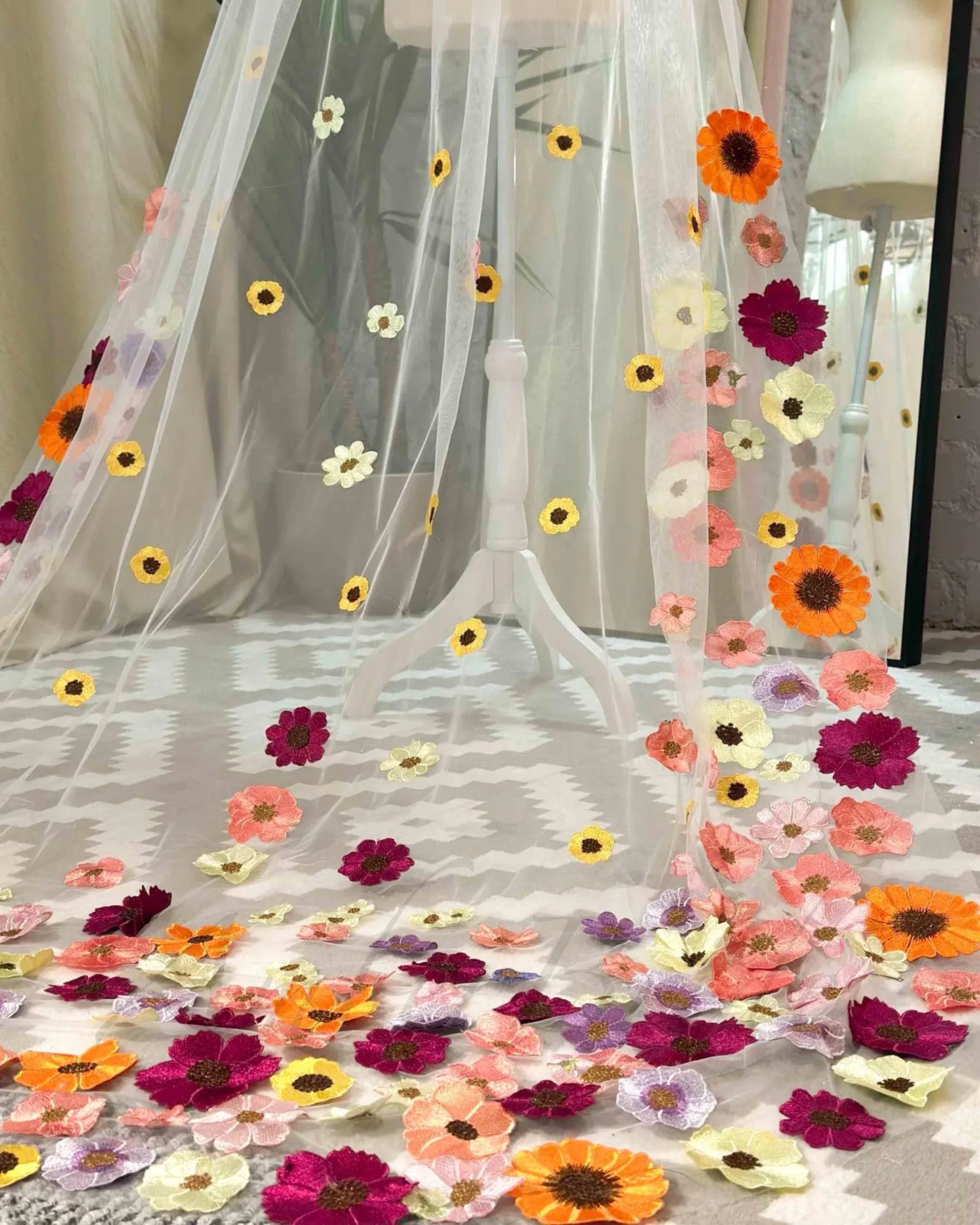 Tulle Bridal Veil with Colorful Floral Appliques