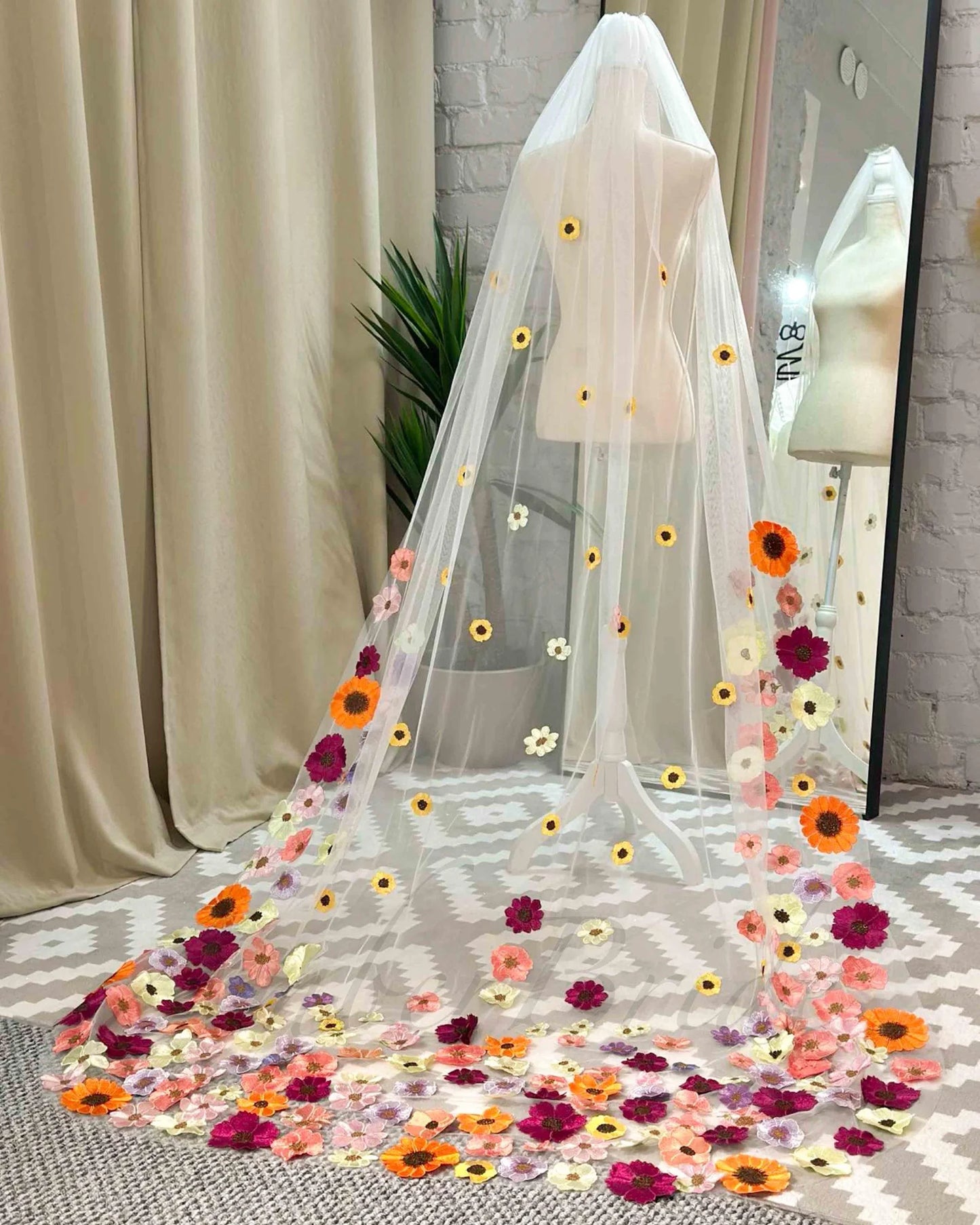 Tulle Bridal Veil with Colorful Floral Appliques