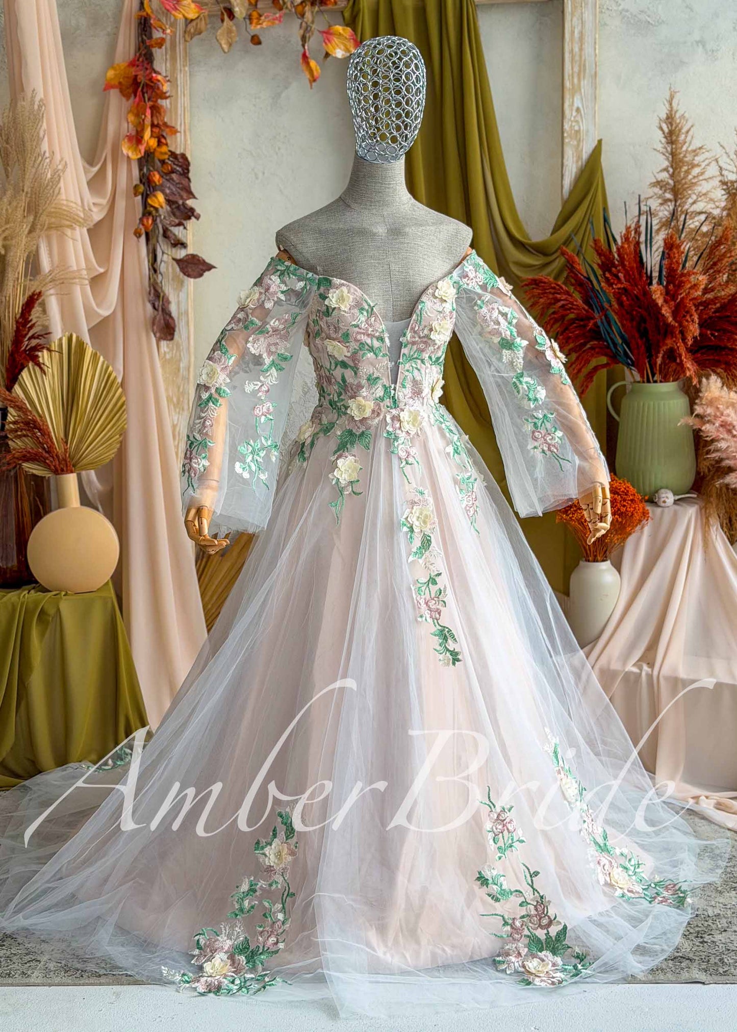 Fairy Off Shoulder Wedding Dress with Long Bell Sleeves and Colorful Floral Appliqué