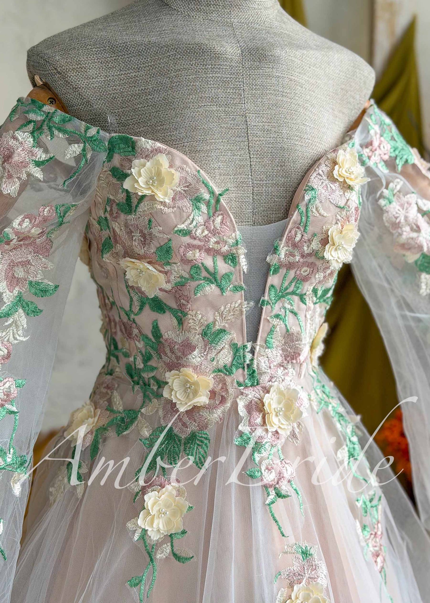 Fairy Off Shoulder Wedding Dress with Long Bell Sleeves and Colorful Floral Appliqué