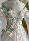 Fairy Off Shoulder Wedding Dress with Long Bell Sleeves and Colorful Floral Appliqué