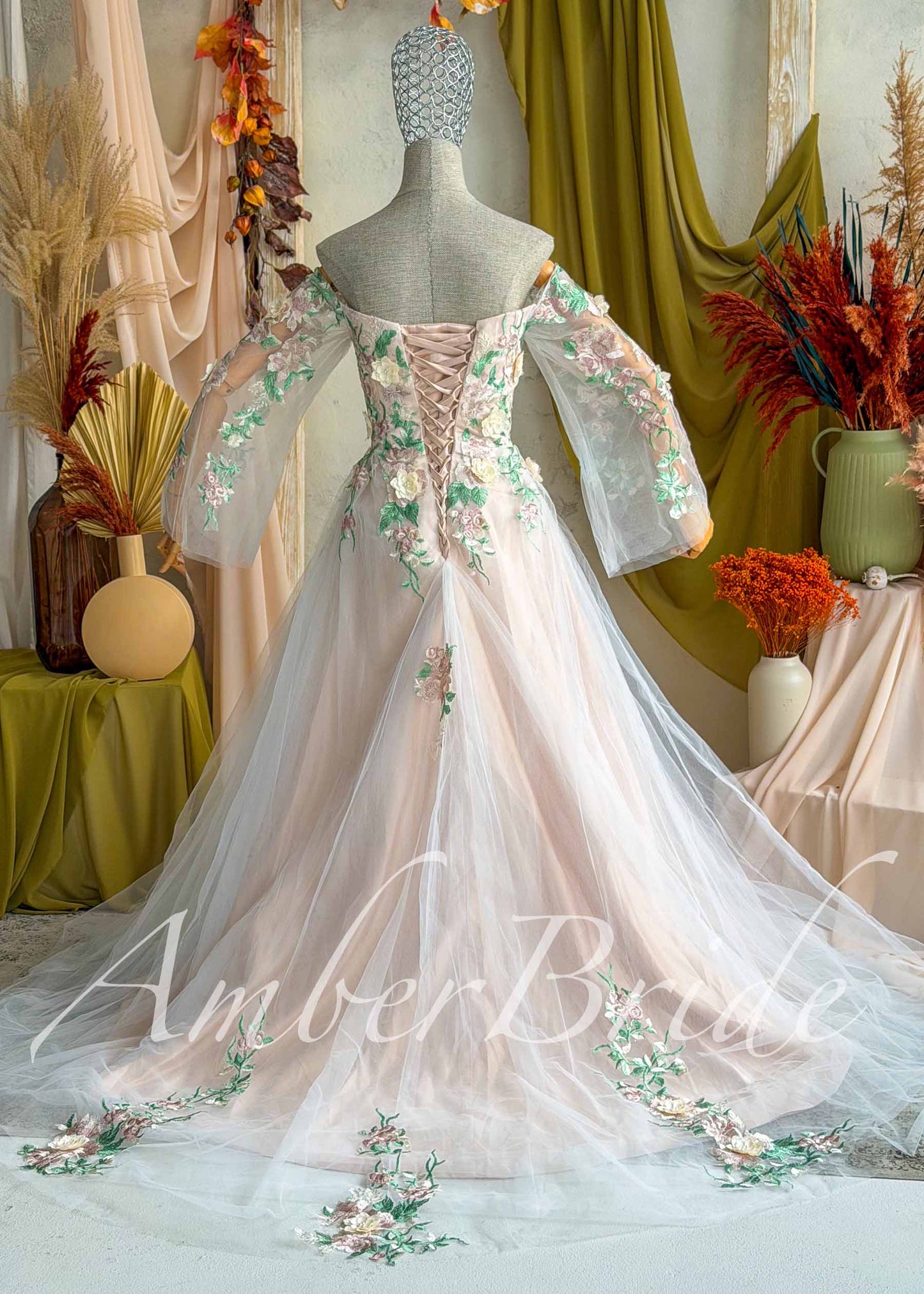 Fairy Off Shoulder Wedding Dress with Long Bell Sleeves and Colorful Floral Appliqué
