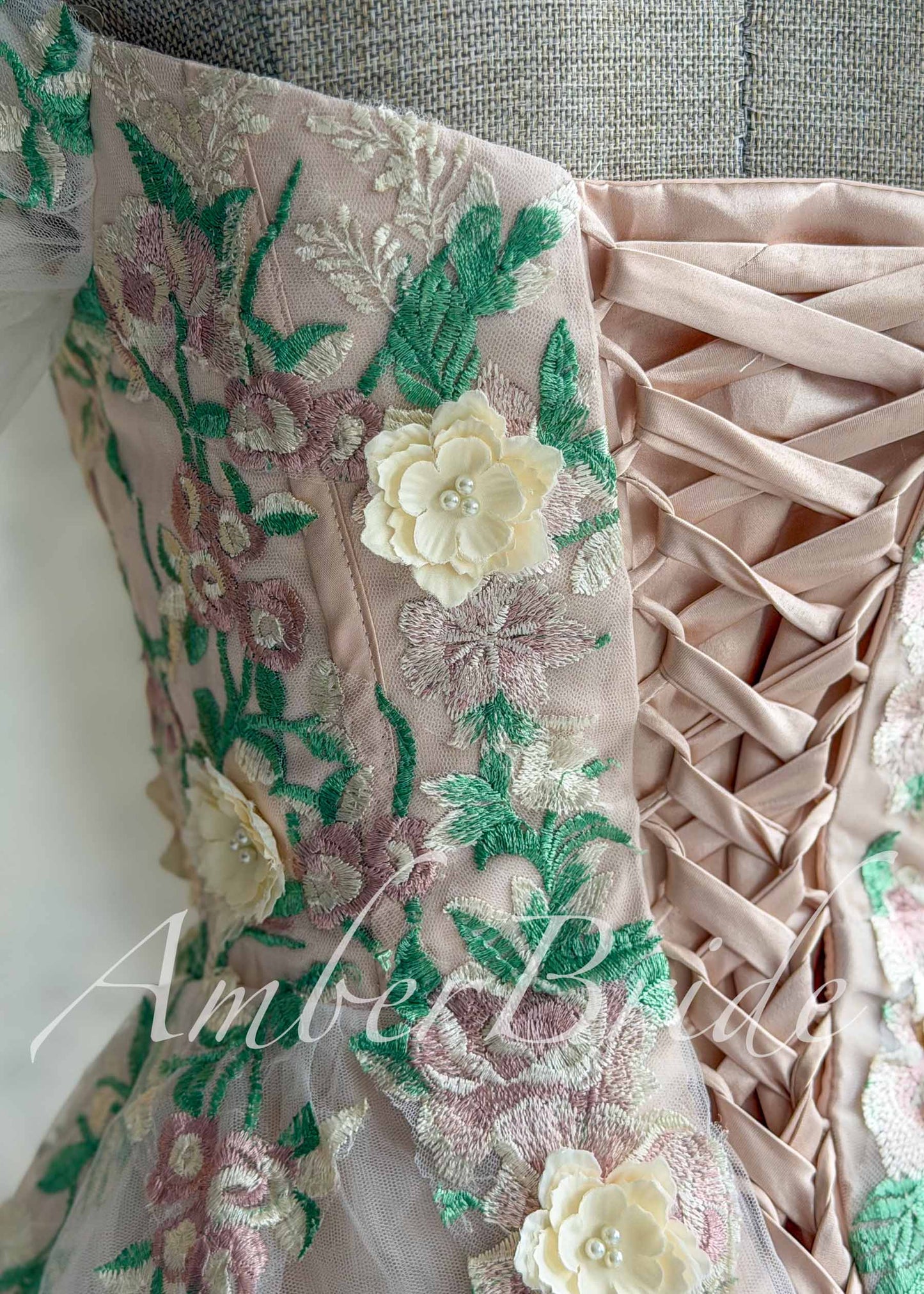 Fairy Off Shoulder Wedding Dress with Long Bell Sleeves and Colorful Floral Appliqué