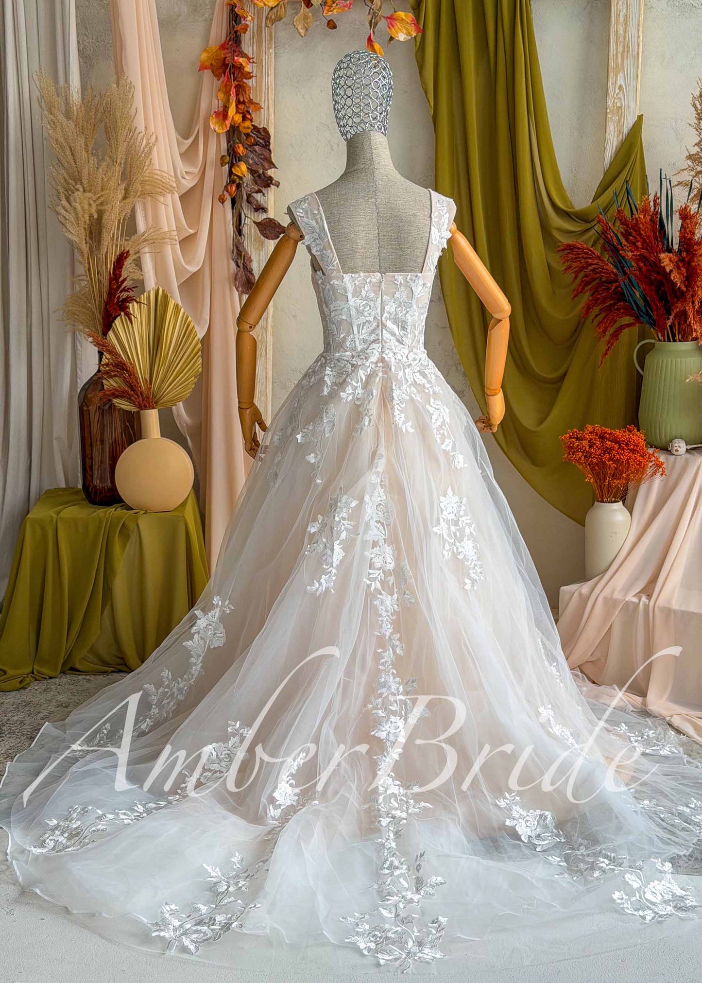 Champagne A-Line Wedding Dress with White Floral Lace and Sweetheart Neckline