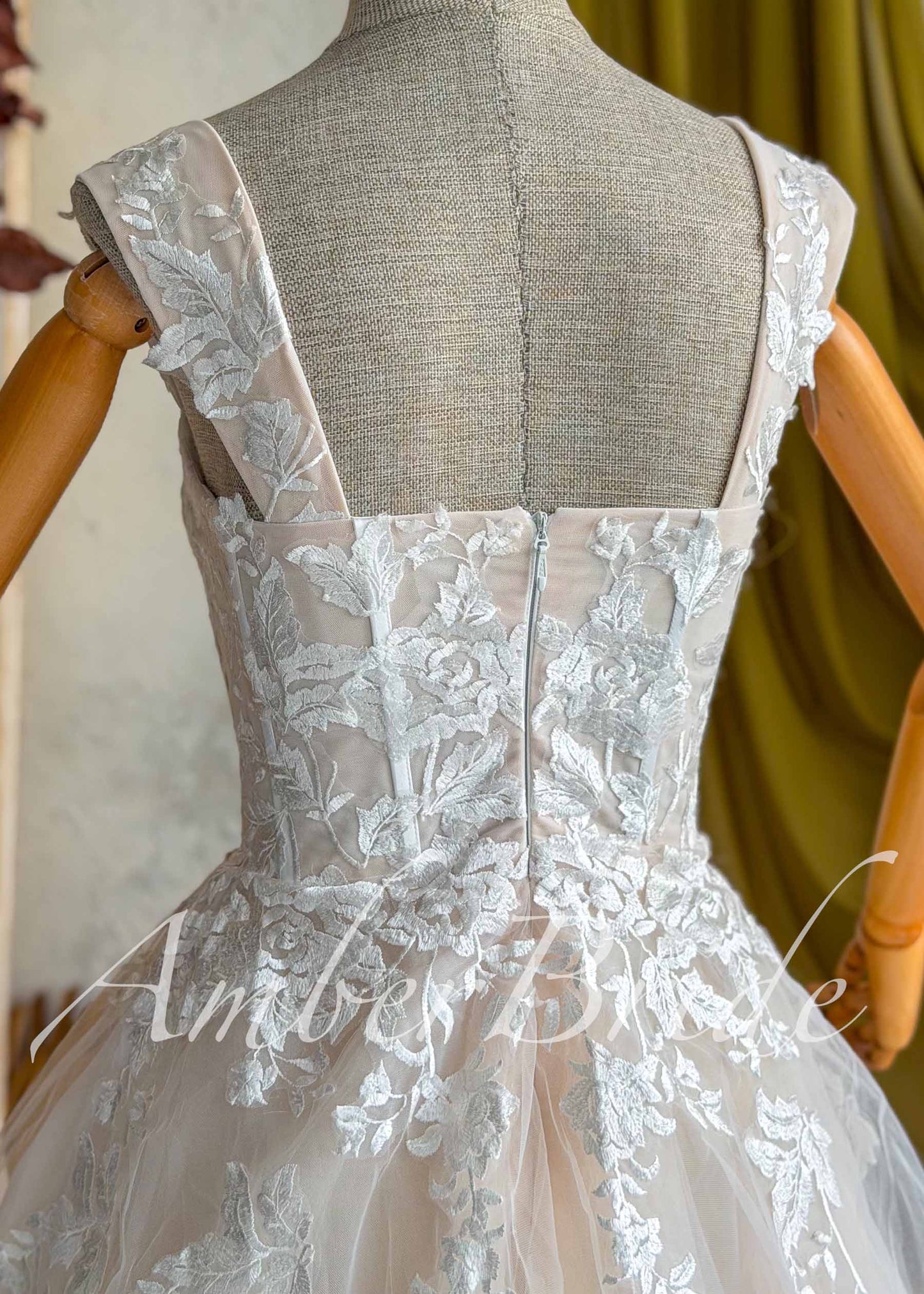 Champagne A-Line Wedding Dress with White Floral Lace and Sweetheart Neckline
