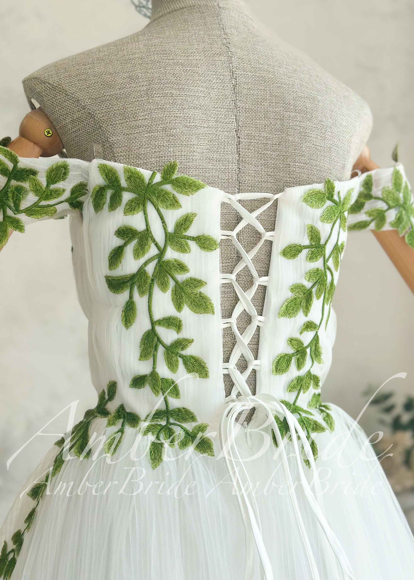 Fairy Off-Shoulder Tulle A-Line Wedding Dress with Green Ivy Leaf Embroidery and Corset Back