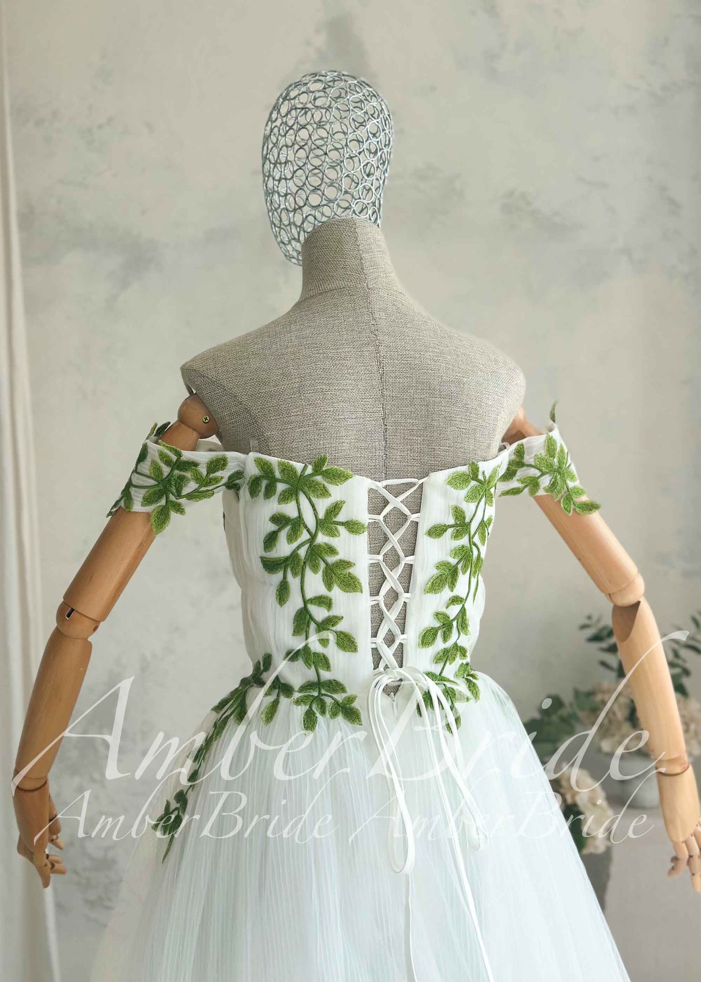 Fairy Off-Shoulder Tulle A-Line Wedding Dress with Green Ivy Leaf Embroidery and Corset Back