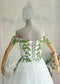 Fairy Off-Shoulder Tulle A-Line Wedding Dress with Green Ivy Leaf Embroidery and Corset Back
