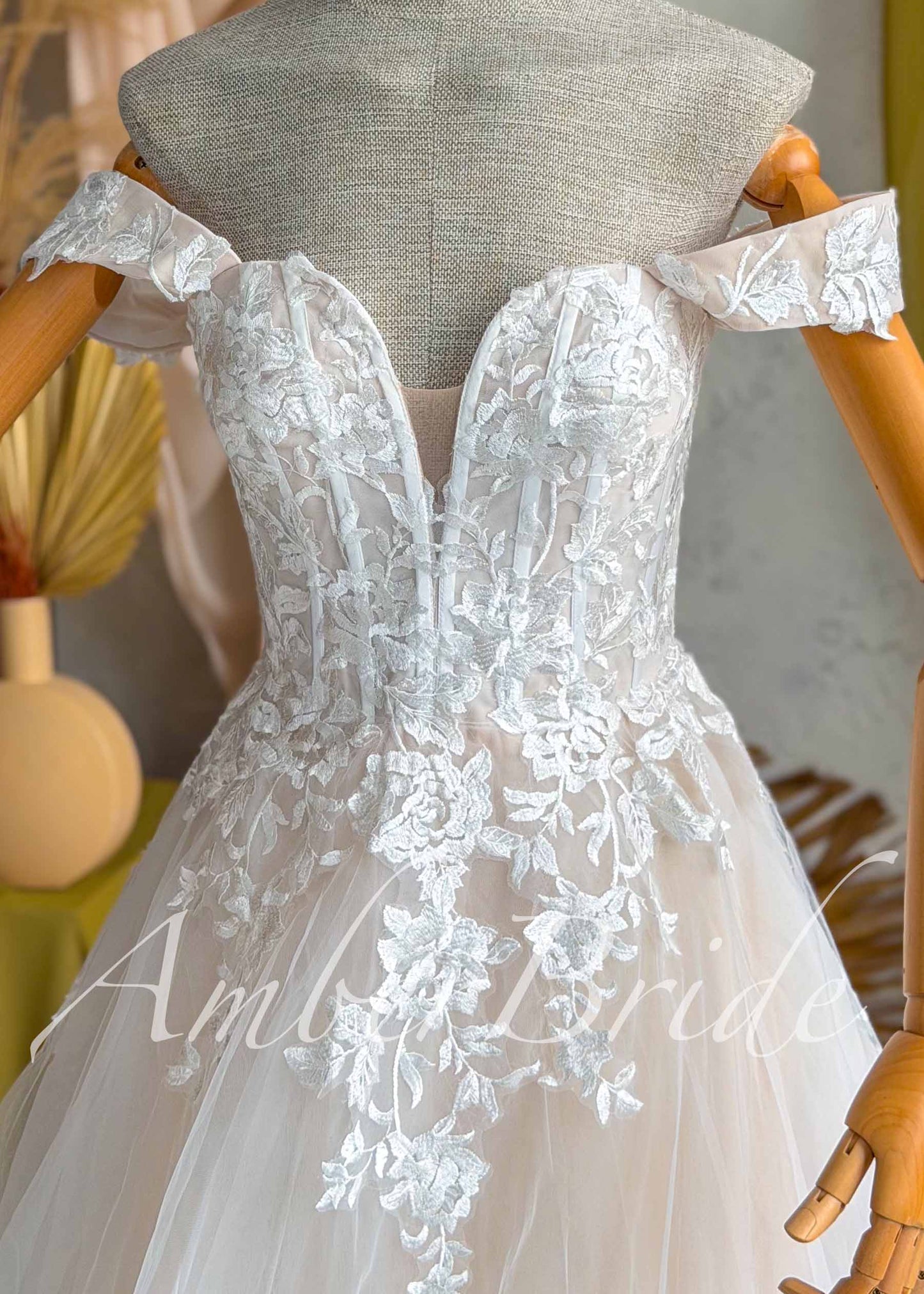 Champagne A-Line Wedding Dress with White Floral Lace and Sweetheart Neckline