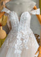 Champagne A-Line Wedding Dress with White Floral Lace and Sweetheart Neckline