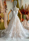 Champagne A-Line Wedding Dress with White Floral Lace and Sweetheart Neckline