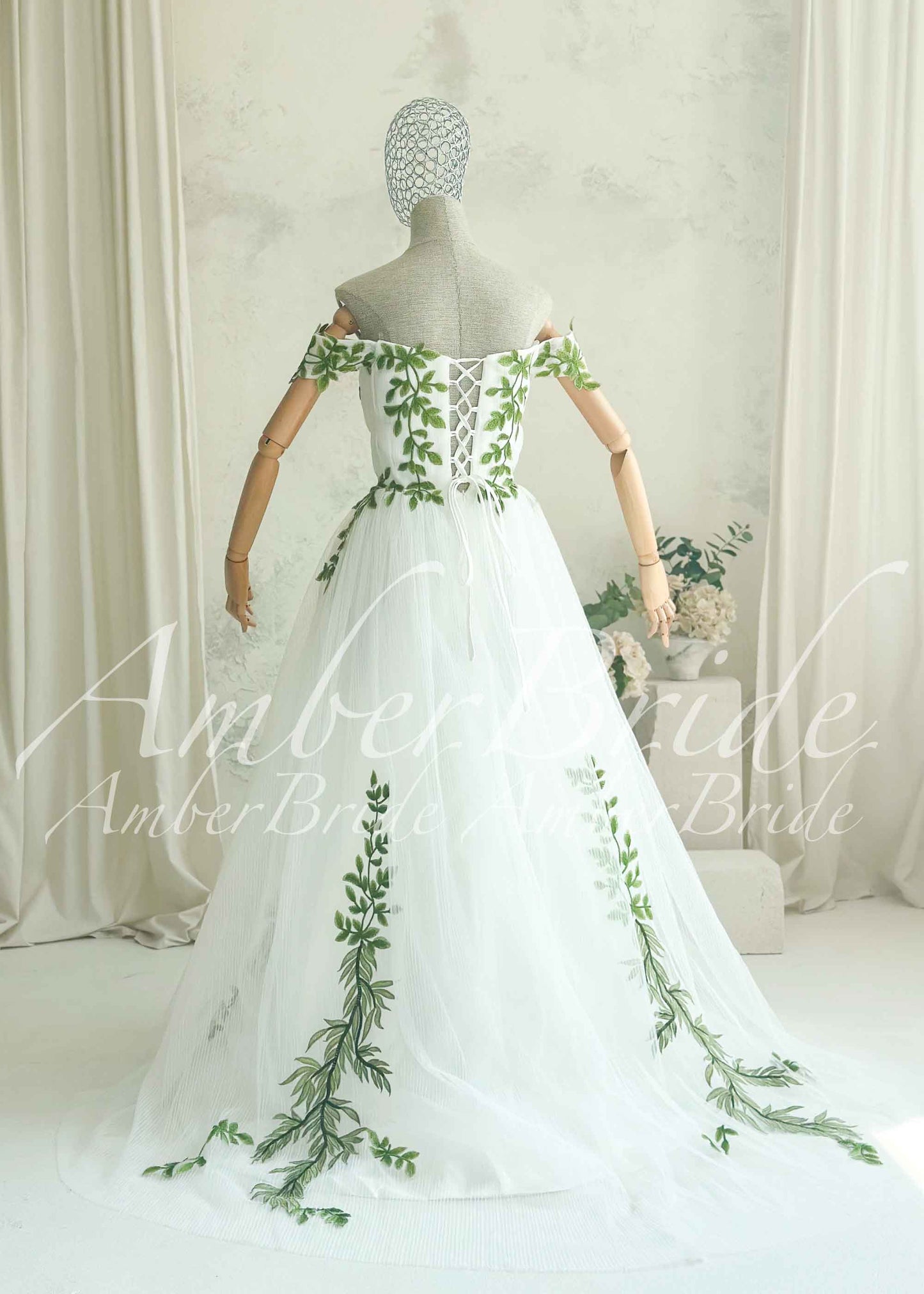 Fairy Off-Shoulder Tulle A-Line Wedding Dress with Green Ivy Leaf Embroidery and Corset Back