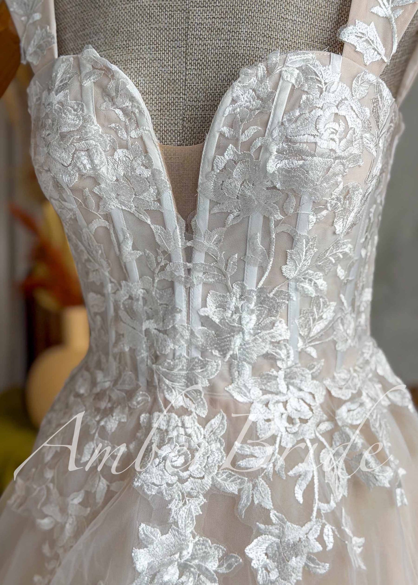 Champagne A-Line Wedding Dress with White Floral Lace and Sweetheart Neckline