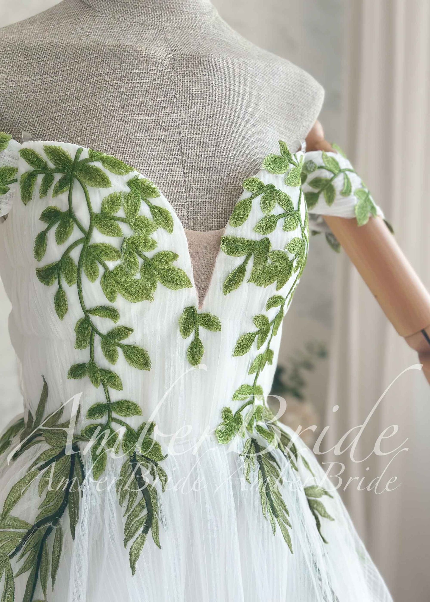 Fairy Off-Shoulder Tulle A-Line Wedding Dress with Green Ivy Leaf Embroidery and Corset Back