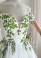 Fairy Off-Shoulder Tulle A-Line Wedding Dress with Green Ivy Leaf Embroidery and Corset Back