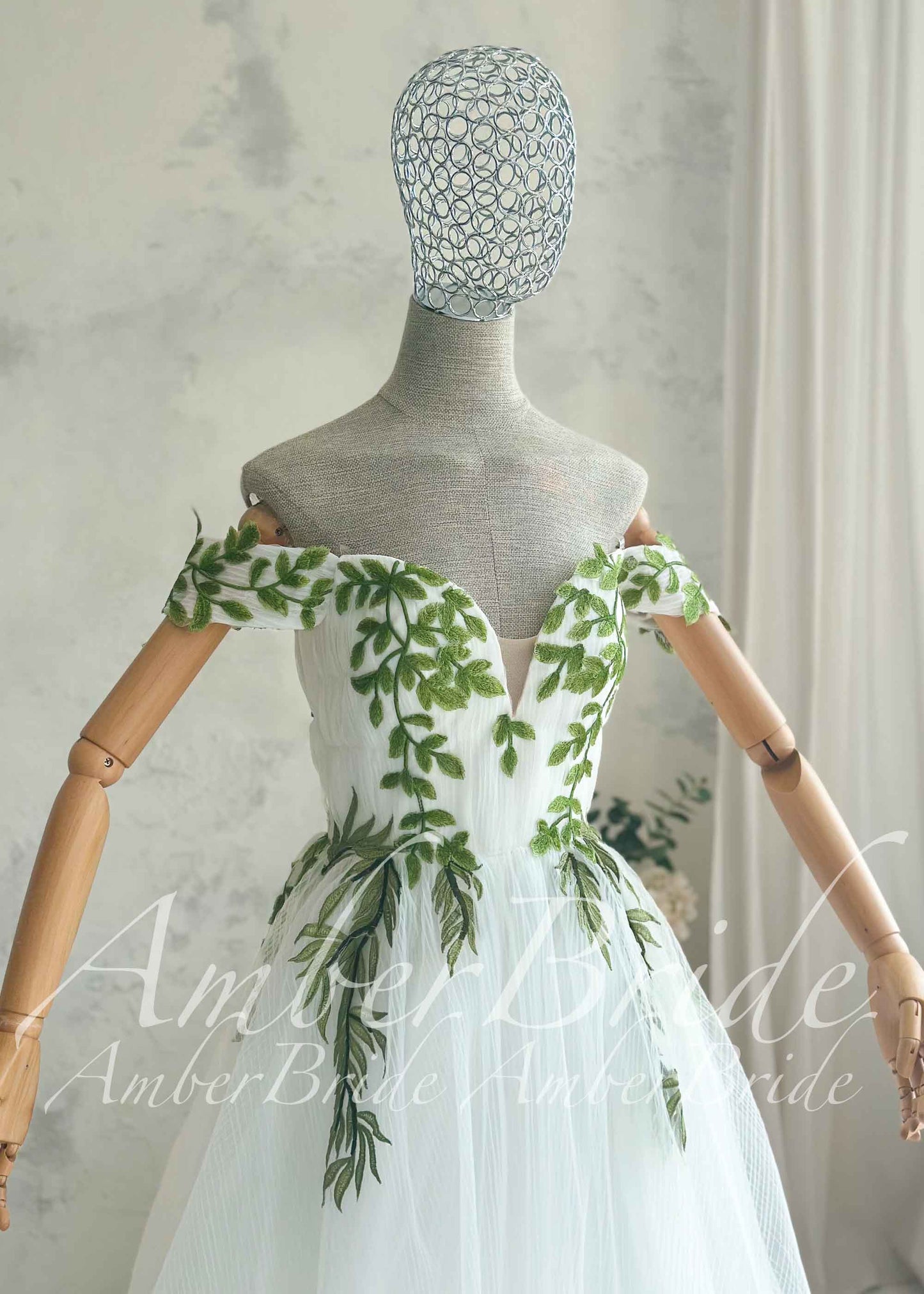 Fairy Off-Shoulder Tulle A-Line Wedding Dress with Green Ivy Leaf Embroidery and Corset Back